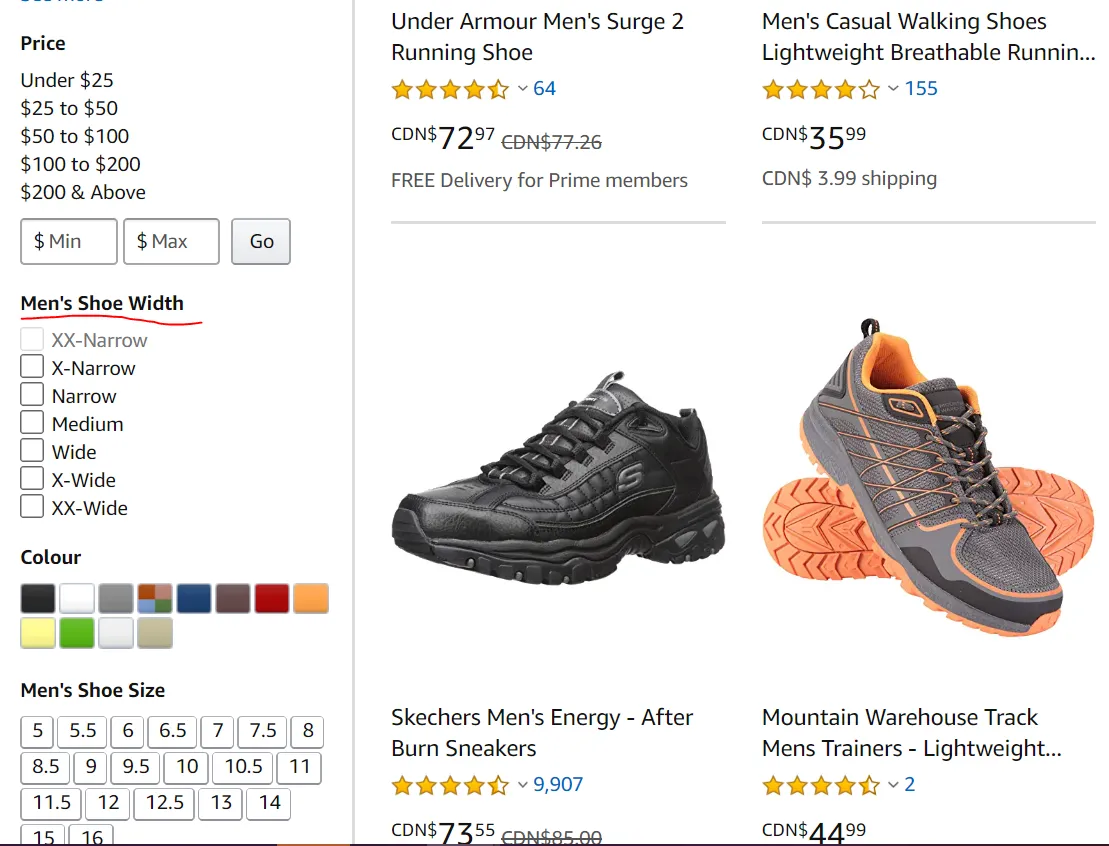 Amazon.ca shoe search results with a shoe width filter