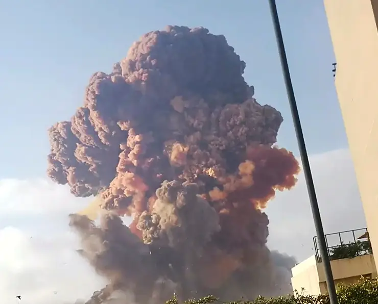 The smoke cloud rising from the 2020 Beirut port explosion