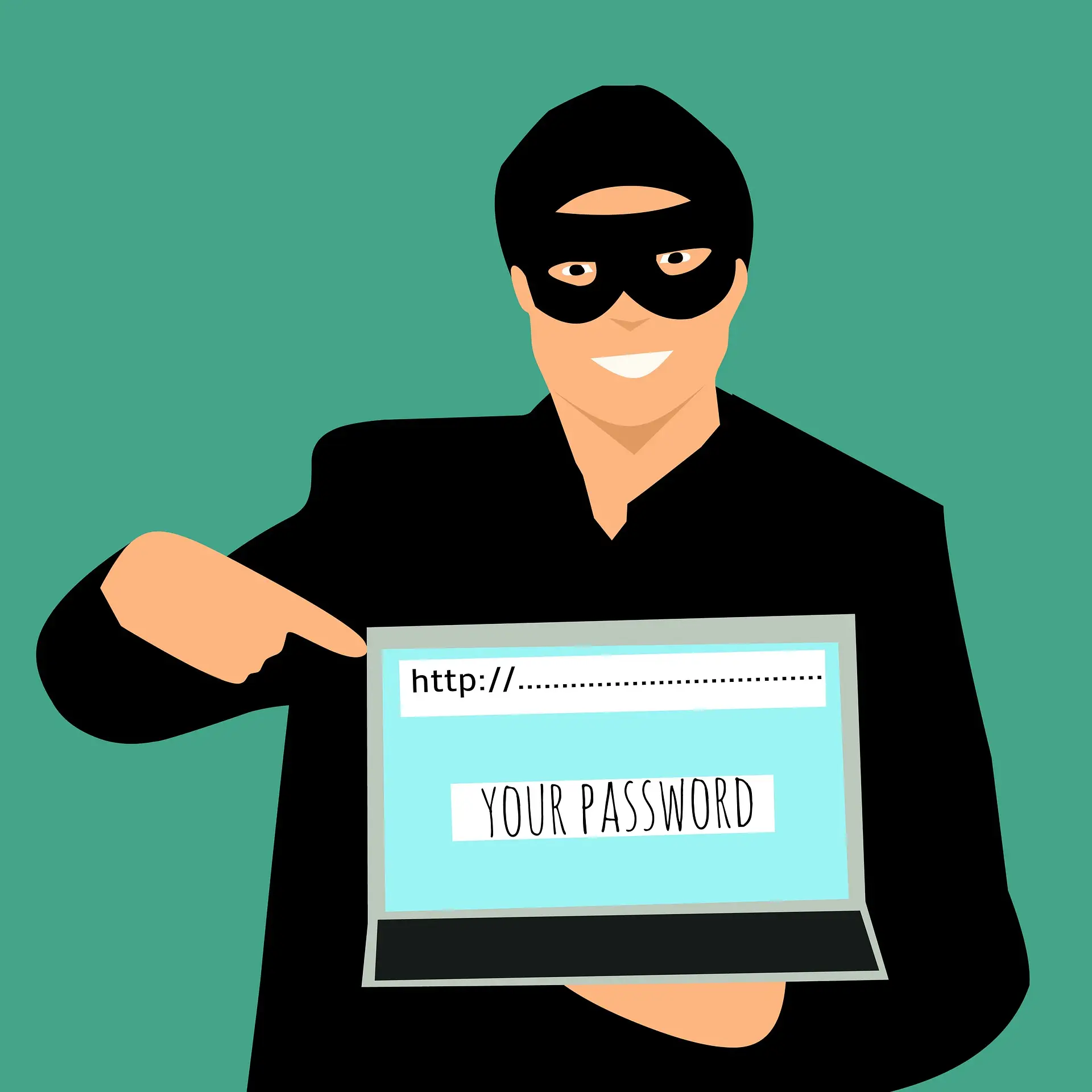 Cartoon of a masked hacker pointing at a password prompt