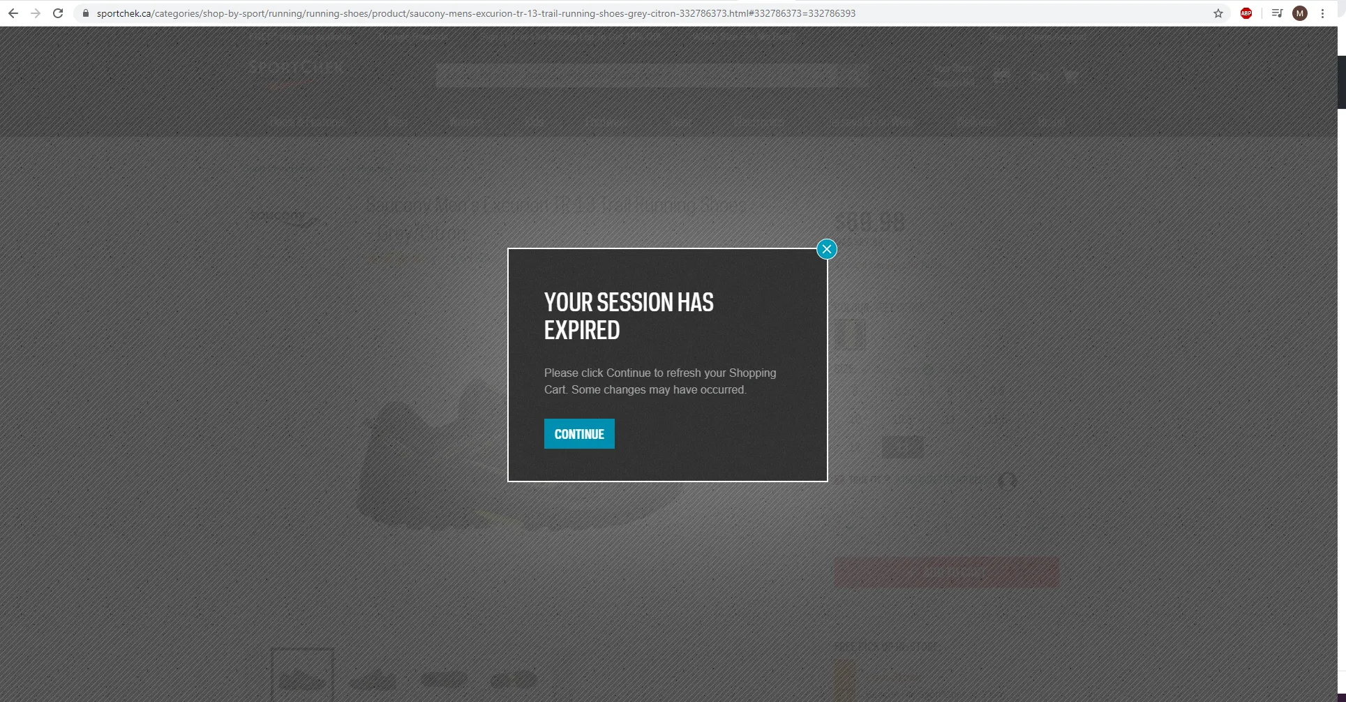 The Sport Chek website showing a session expired message